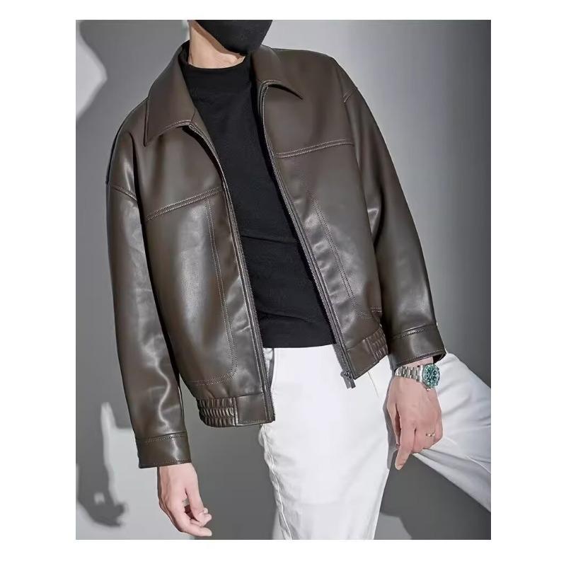 Men S Casual Loose Pu Leather Jacket Turn Down Collar