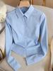 Blue Long-Sleeve Layered Women's Shirt with French Design