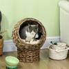 Woven Banana Leaf Elevated Cat Bed Wicker Kitten Basket Pet Den. House Cosy Cave with Soft Cushion Dome 40x37x51cm Grey