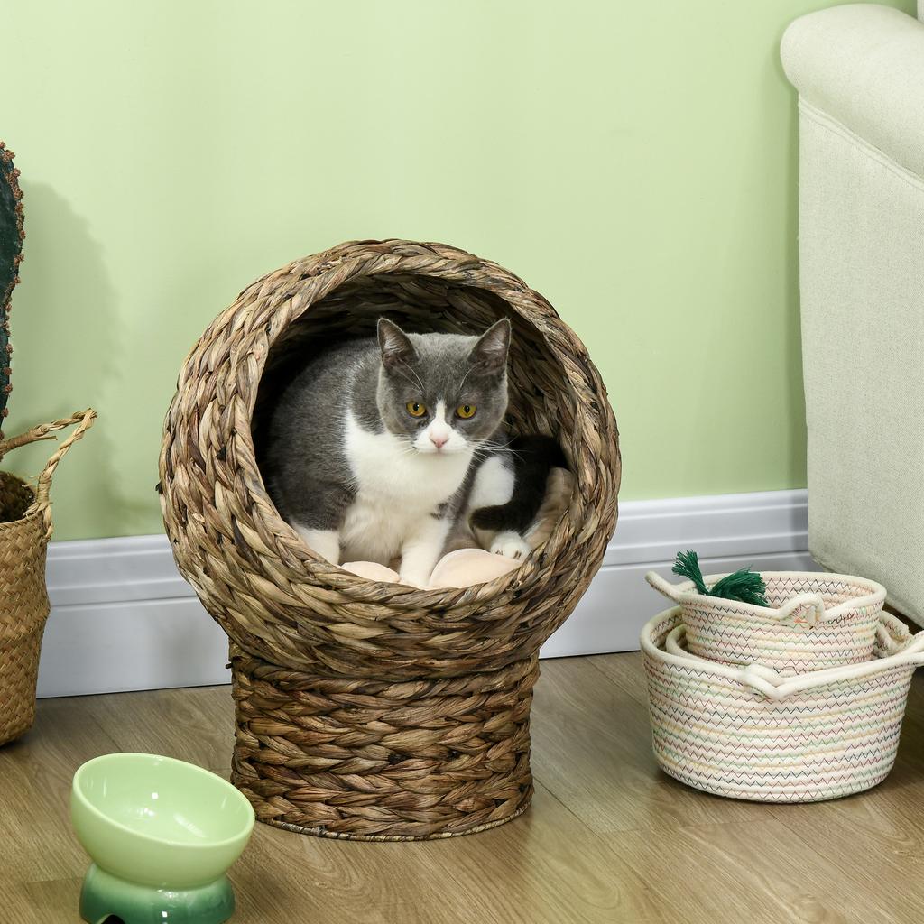 Woven Banana Leaf Elevated Cat Bed Wicker Kitten Basket Pet Den. House Cosy Cave with Soft Cushion Dome 40x37x51cm Grey