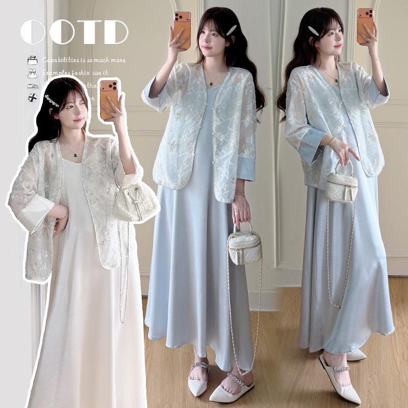 2026 Summer Chinese Style Maternity Two-Piece: Sun Protection Shirt & Sweet Camisole Dress 2XL