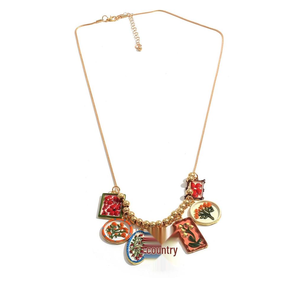 Retro Floral Oil Painting Enamel Necklace with Multi-layer Design