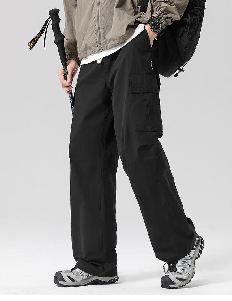 100% cotton workwear outdoor multi bag elastic waist drawstring pure cotton straight leg pants men's casual pants