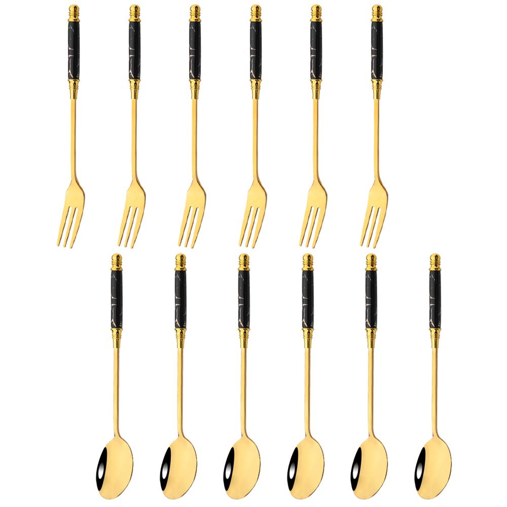 

12Pcs Creative Dessert Spoon Fork Western Food Cutlery Green Ceramic Handle Stainless Steel Dinnerware Snack Fork Coffee Spoon