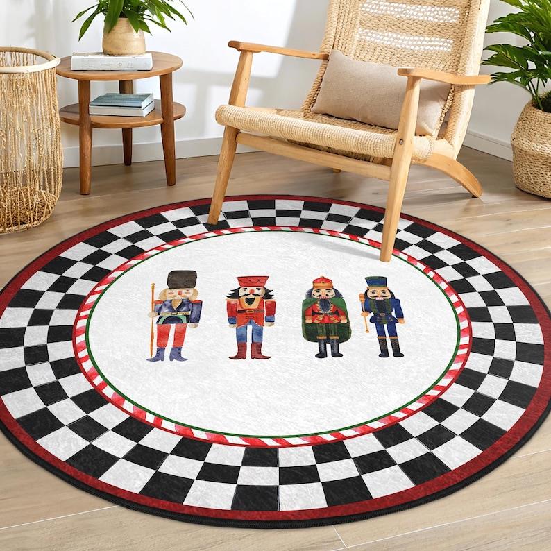 

Nutcracker Character Round Rug with Checker Border,Colorful Xmas Holiday Circle Carpet,Festive Area Mat for Christmas Home Decor Diameter 100cm