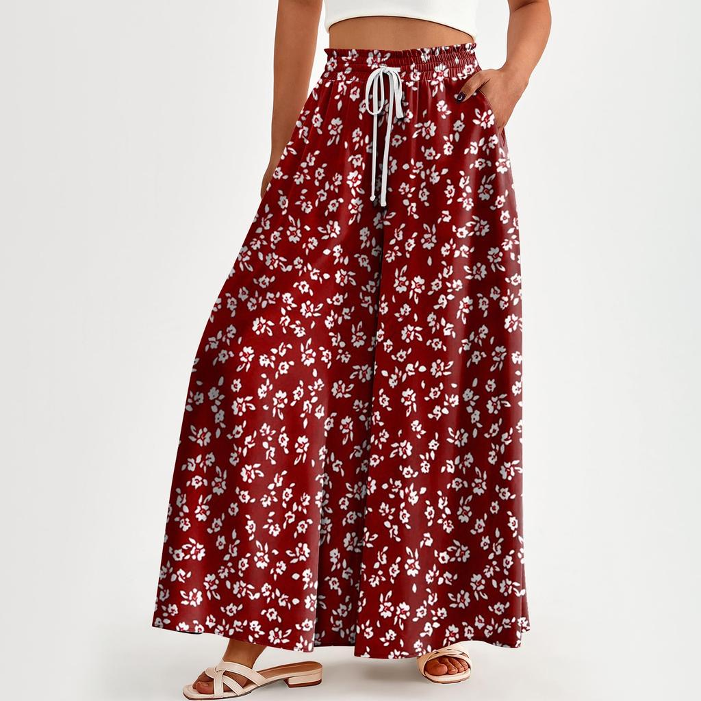Women's Printed Wide Leg Pants With Pockets High Waist Drawstring Loose Casual Pants
