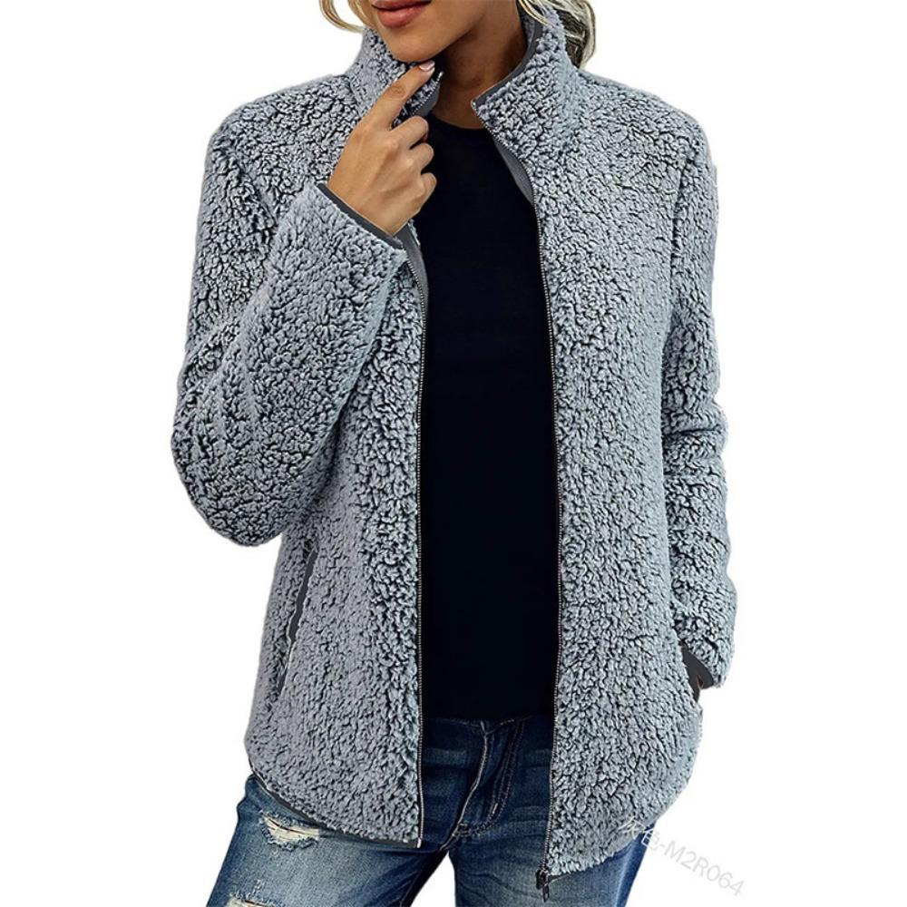 Stand Collar Solid Color Sweatshirt Women Casual Fashion Long Sleeve Zip Up Bubble Fleece Jacket