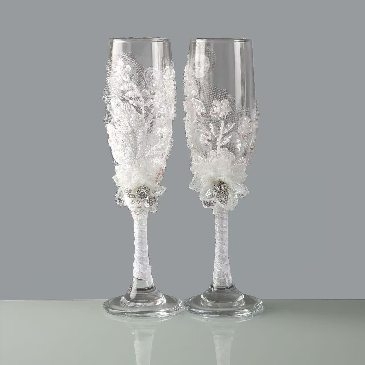 Wedding Champagne Flute Decorations, White Embroidery