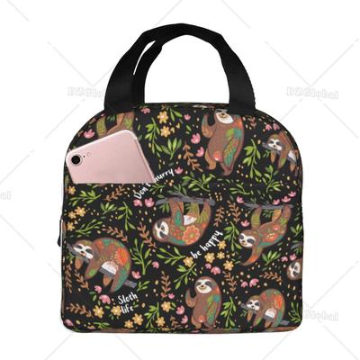 Cute Sloth Insulated Lunch Bag with Front Pocket Reusable Cooler Tote Bag with Zipper for Men Women Thermal Lunch Bento Box