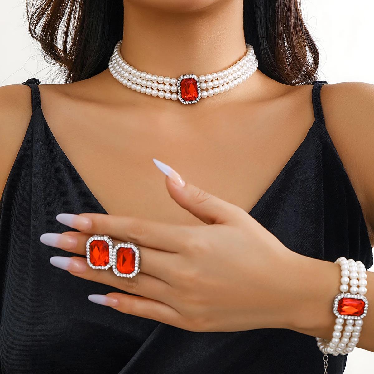 

3Pcs Multilayer Imitation Pearl Crystal Chain Necklace Bracelet For Women Wedding Bridal Stud Earrings Jewelry Set Accessories