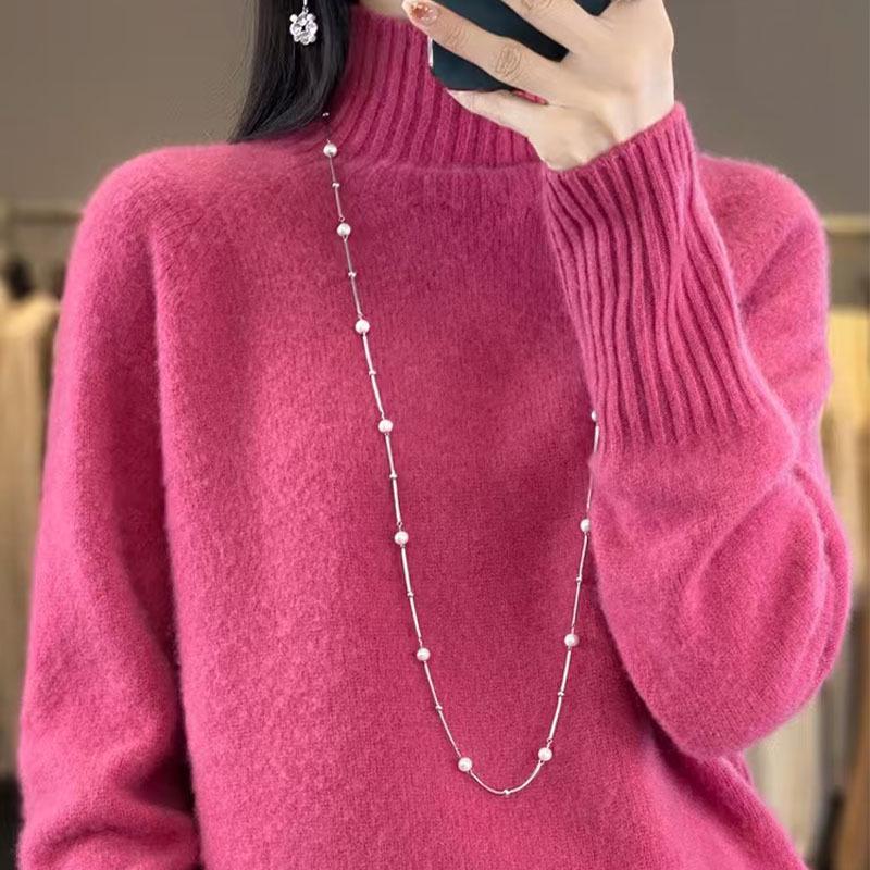 2024 Autumn/Winter Women’s Chic Wool Sweater, Slimming & Versatile, Half-High Neck, Loose Fit, Thickened Base Layer