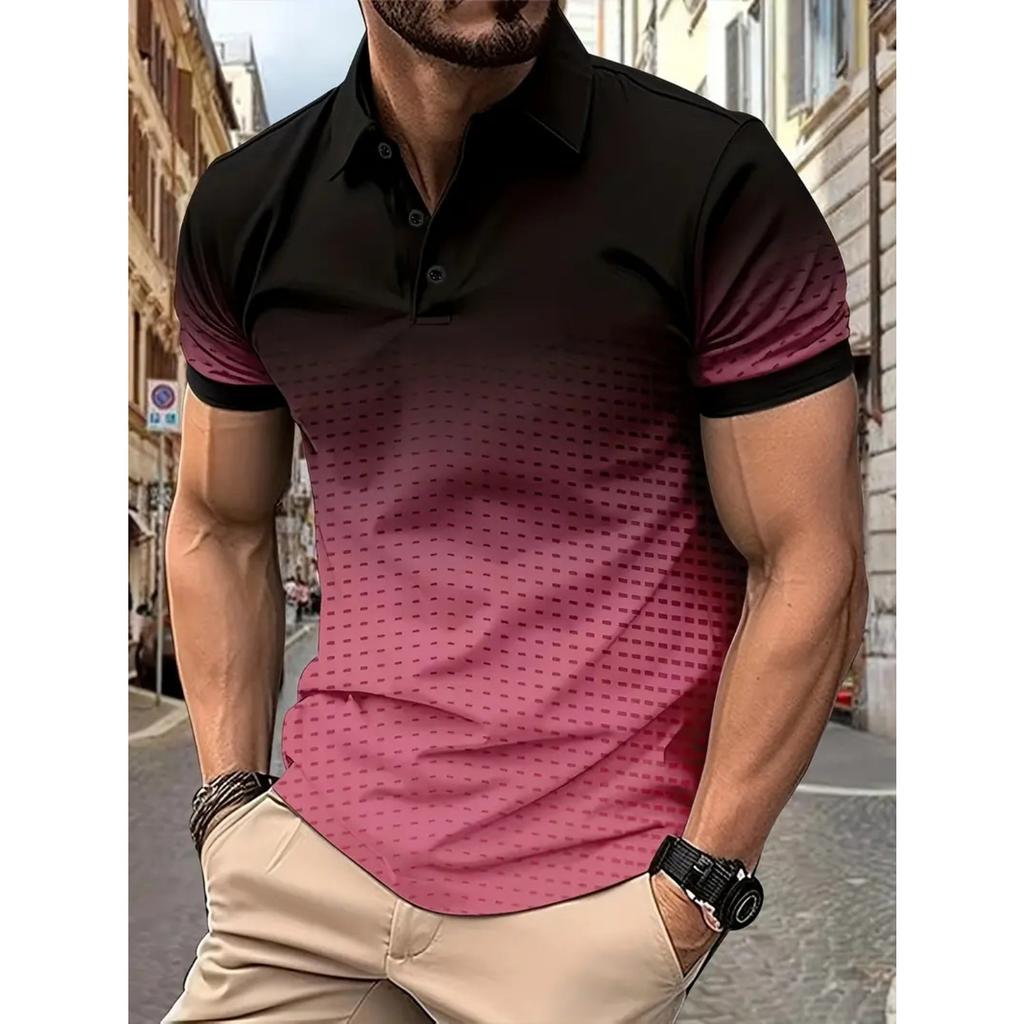 Colour blocking gradient tops daily casual lapel short sleeve polo shirt man
