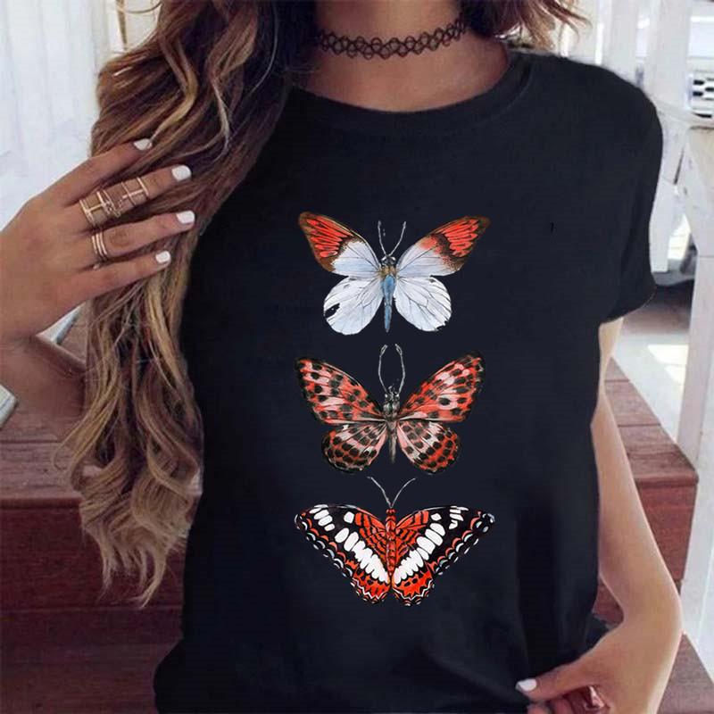 Women's Butterfly Tree Printed Harajuku Summer T-shirt Casual Round Neck Short Sleeve Top T-shirt Fashion Versatile Clothing