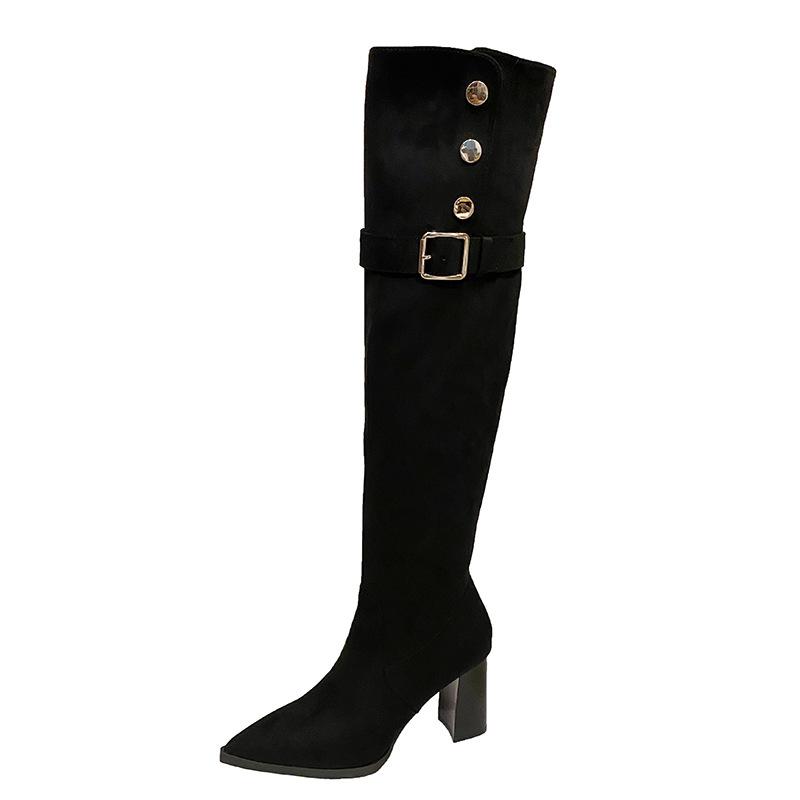 Pointed High-heeled Velvet Boots for Women's Winter New Two-wear Thick-heeled Knee Boots Show Thin Temperament Thin Boots