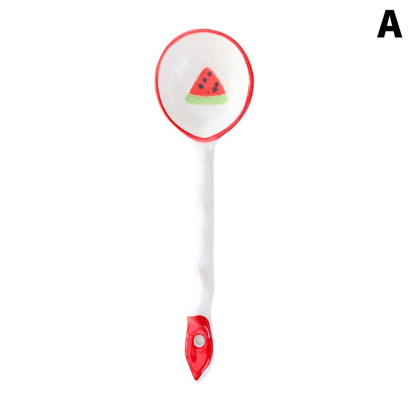 Kawaii Ovoce Jahoda Keramická Polévková Lžíce Roztomilá Zmrzlina Ručně Malovaná Kávová Dezertní Lžíce s Dlouhou Rukojetí Kuchyňské Doplňky