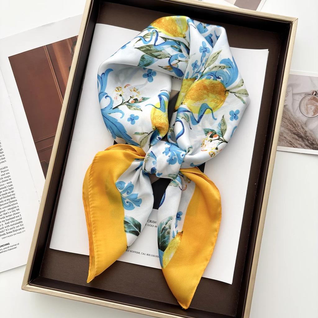 70cm Square Lemon Print Yellow Soft Satin Scarf Casual Elegant Thin Breathable Neck Women Windproof Head Wrap Hair Scarves 2025