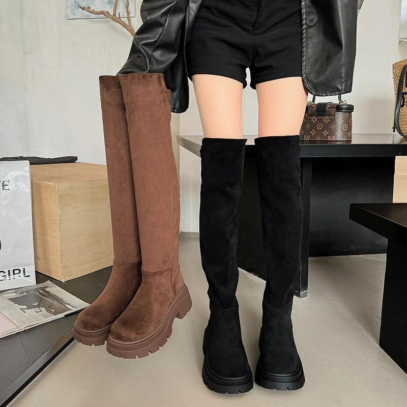 Neue Damenstiefel mit runder Zehenpartie und mittelhohem Absatz für Damen, Plateau-Stiefel zum Hineinschlüpfen, moderne Stiefel für den Außenbereich, einfarbig, Overknee-Stiefel für Damen