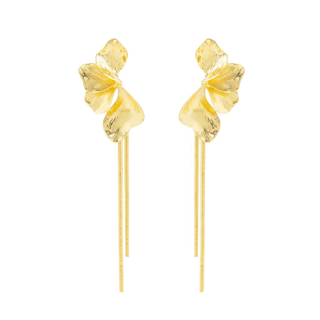 Fashion Metal Three-Dimensional Flower Fringed Chain Stud Earrings, Design Pleated Oil Dripping Petal Earrings