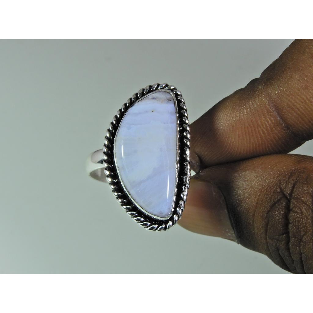 Natural Blue Lace Agate 925 Solid Sterling Silver Ring Size US-9 PG-91