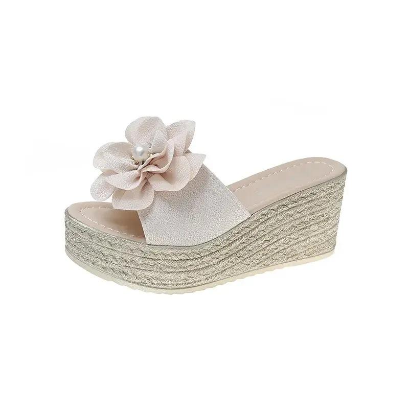 Fashion 2024 Summer 7cm Wedge Heels Slides Women Appliques Flowers With Pearl Platform Beach Cool Sandals New Shoes Slippers