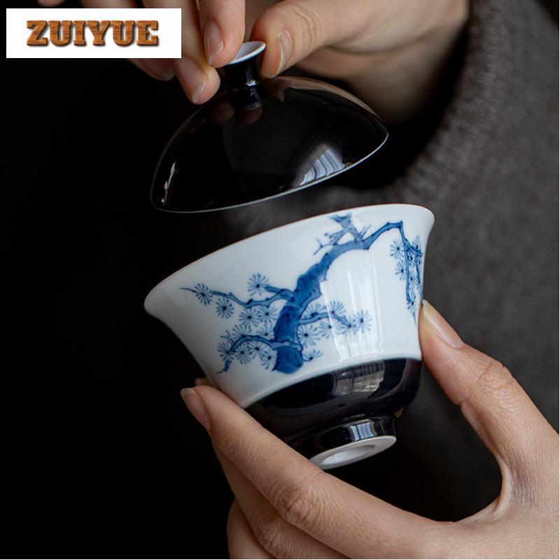 120ml Hand-painted Pine Blue And White Gaiwan Antique Tea Tureen Tea Bowl With Lid Kit Tea Maker Cover Bowl Tea Items Collection