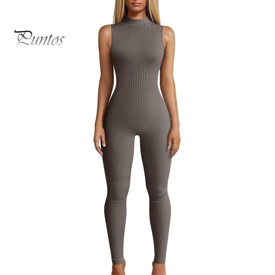 Women Sport Jumpsuit Solid Color Sleeveless Skinny Half-high Collar Elastic Soft Breathable Sweat Absorption Seamless Lady Daily Jumpsuit