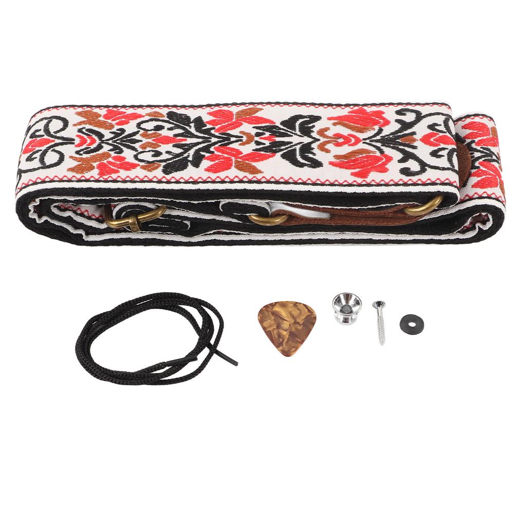 Guitar Strap Leather Head for Acoustic Electric Embroidered Jacquard Vintage Floral PatternWhite