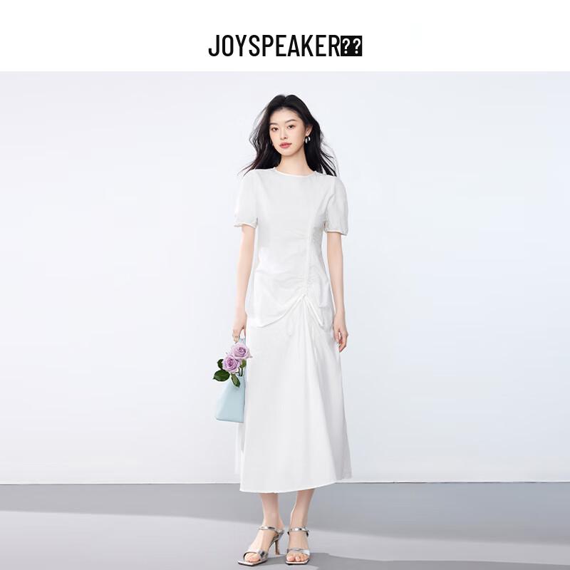JOY SPEAKER Women's 2025 Summer Round Neck Pleated Waist Midi Dress