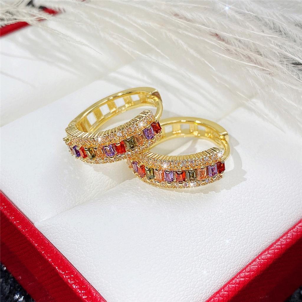 Rainbow Multicolored Stone Hoop Earrings Double Row Shiny Huggie Ear Rings for Women Party Daily Jewelry