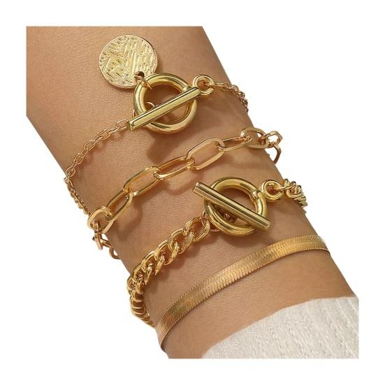 

4 шт./комплект женский браслет в стиле хип-хоп цепочка из змеиной кости полая круглая цепочка с подвеской регулируемый золотистый цвет полированный комплект из 4 предметов комплект наручных украшений