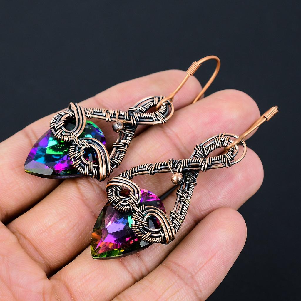 Naturalny mistyczny topaz szlachetny ręcznie wykonany miedziany drut kolczyk 2.64 s6S13