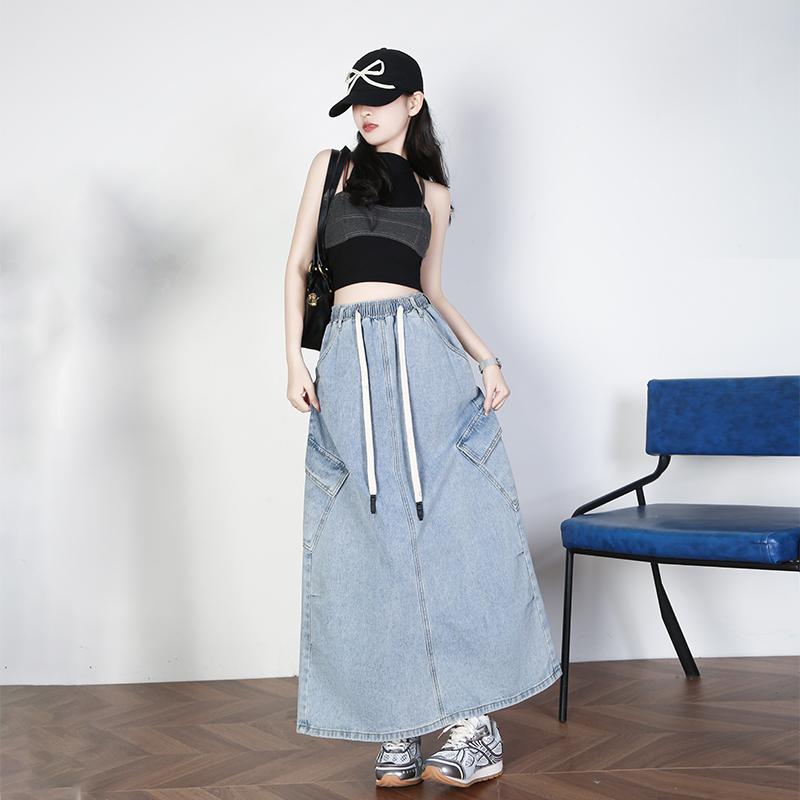 Dimanaf 2025 Plus Size Summer Elastic Denim Skirts Women A-Line Fashion Loose Long Skirt High Waist Vintage Maxi
