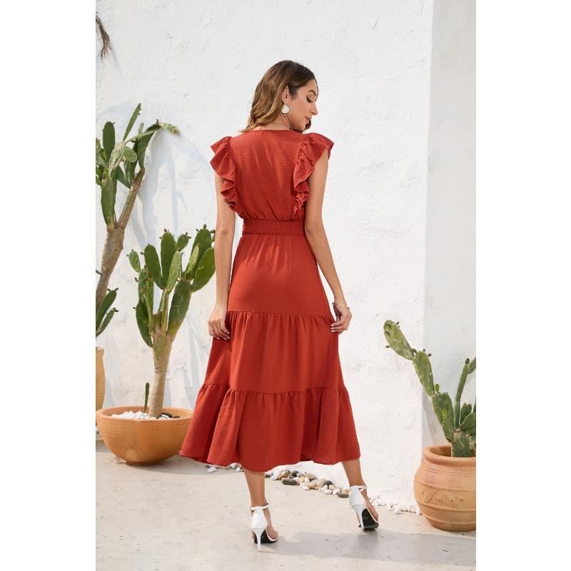 V-Ausschnitt Hohe Taille Langes Kleid Lässig Urlaubsreise