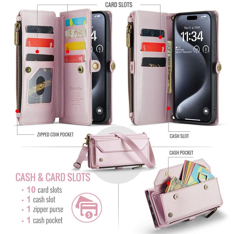 Capa de Celular de Couro Flip com Cordão Longo para iPhone 17 Pro Max Air 16E 16 Plus 15 14 13 12 11 X XS XR SE 2022 8 Carteira com Zíper Porta Multi Cartões Capa
