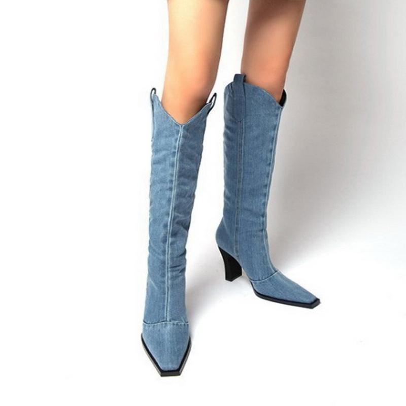 Spring Autumn Women Stretch Denim High Thick Heel Long Boots Lady Knee-high Straight Boots Female Riding Boots Botas De Mujer