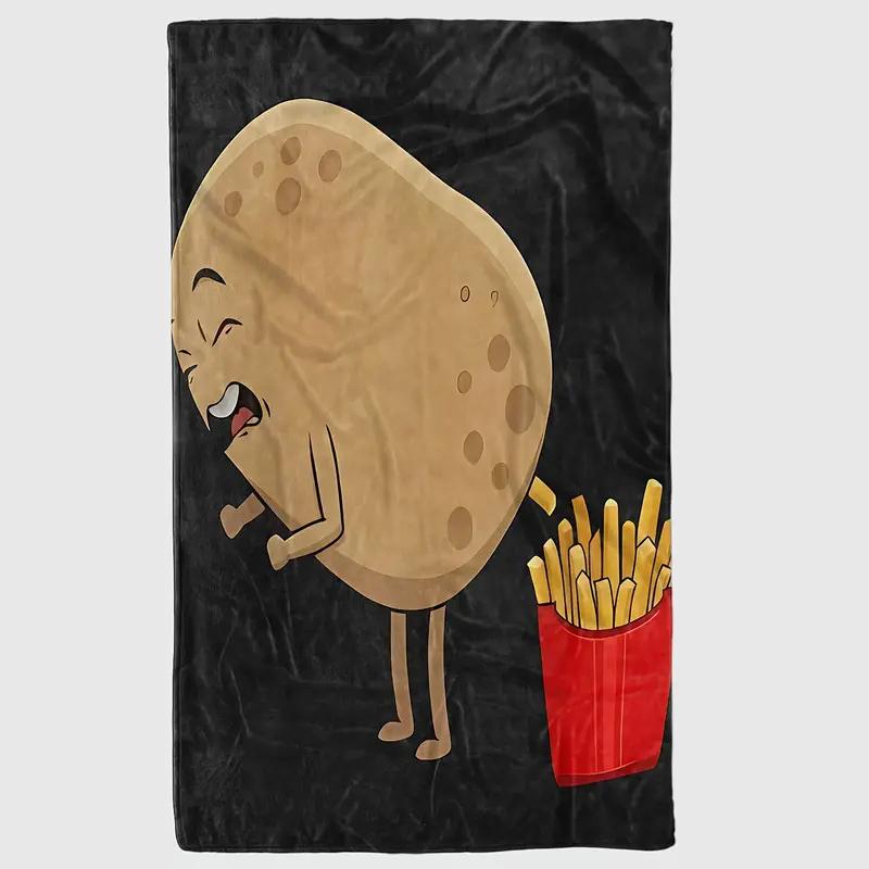 1pc Flannel Blanket, Cartoon French-Style Fries Design for Potato Lovers, Soft Warm Cozy Sofa Bed Office Throw, Small Blanket