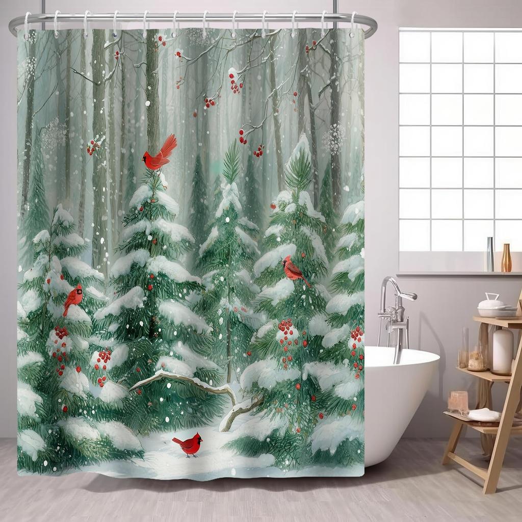 Pine Tree Red Bird Shower Curtain Green Winter Forest Cardinal Snow Berry Christmas Theme,Country Holiday Fabric Shower Curtai