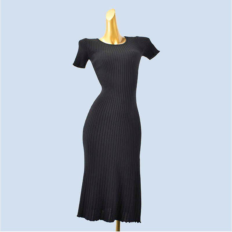 

Pure Color Knitting Mid Length Long Length Dress Women s Summer New Arrival High Waist Slim Looking All-Matching A- line Skirt Midi Dress Black All yards
