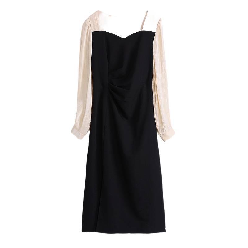 Women's Plus Size Square Neck Dress - Autumn 2026 Retro Patchwork Slim Fit with Long Sleeves