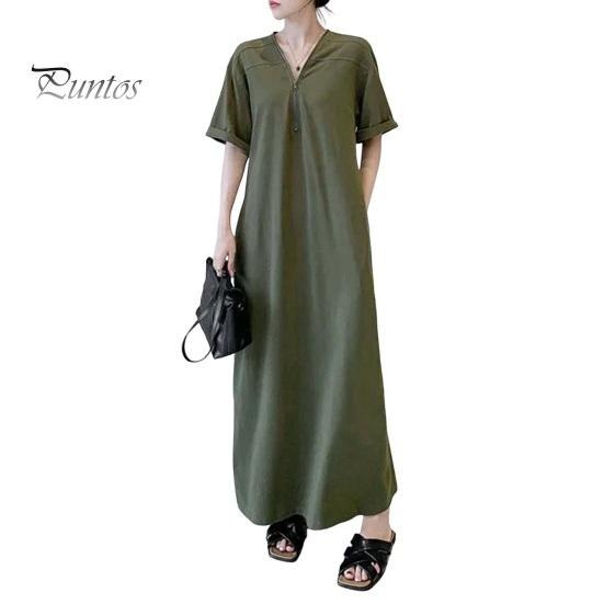 

Женское летнее платье-футболка с коротким рукавом, полумолнией, V-образным вырезом, макси-платье, повседневный длинный сарафан с карманами для пляжного отдыха M зелёный