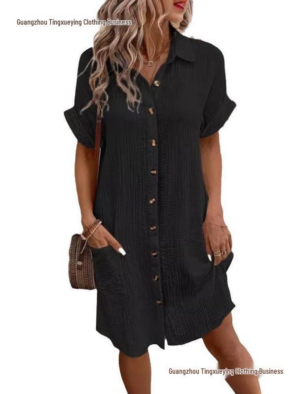 Women's Mid-Length Single-Breasted Short Sleeve Solid Color Casual Dress