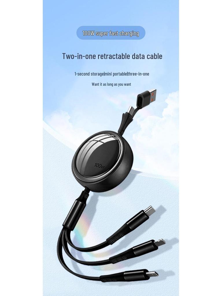 100W Fast-Charging Retractable Data Cable for Apple, Huawei, Android Type-C Devices