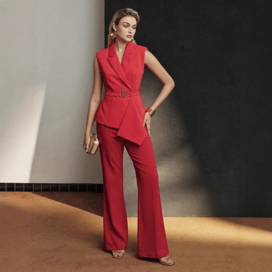 

Женский модный жилет с лацканами и длинные брюки, комплект из двух предметов L красный