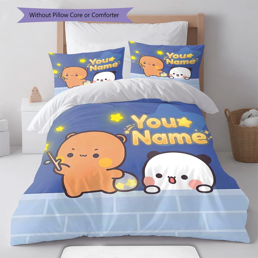 Bear Panda Night Custom Name Pattern Bedding Quilt Set Quilt Cover Pillowcase Home Birthday Gift(1 * Duvet Cover + 2 * Pillowcase, Without Core)