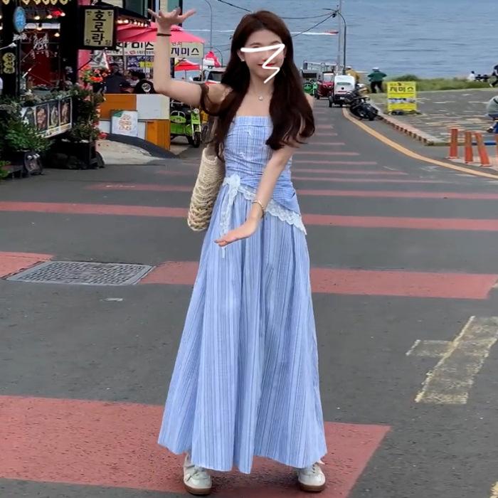 [Welcome sign] blue plaid bandeau camisole dress women s summer French feel waist slimming skirt S