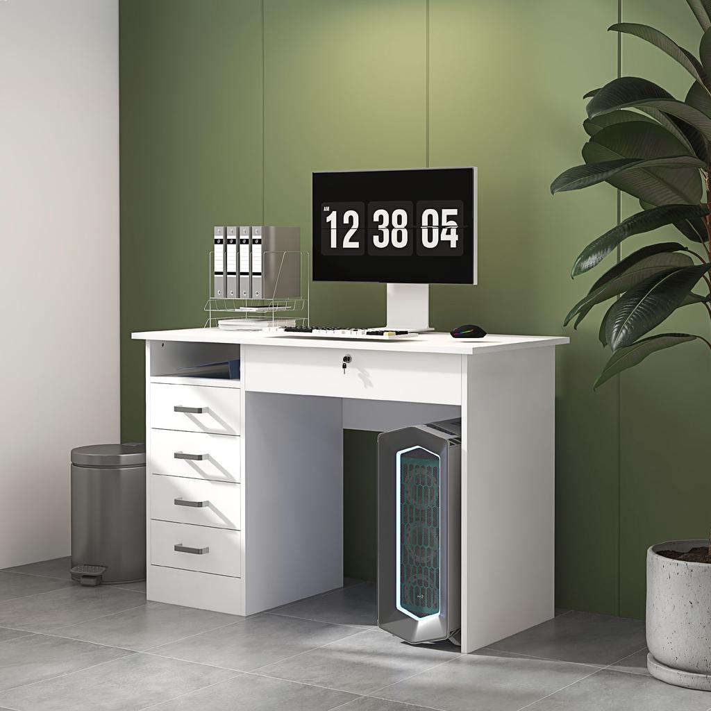 Modern Desk, 5 Drawers, 1 Open Compartment, Lockable, 110 x 50 x 76 cm, White
