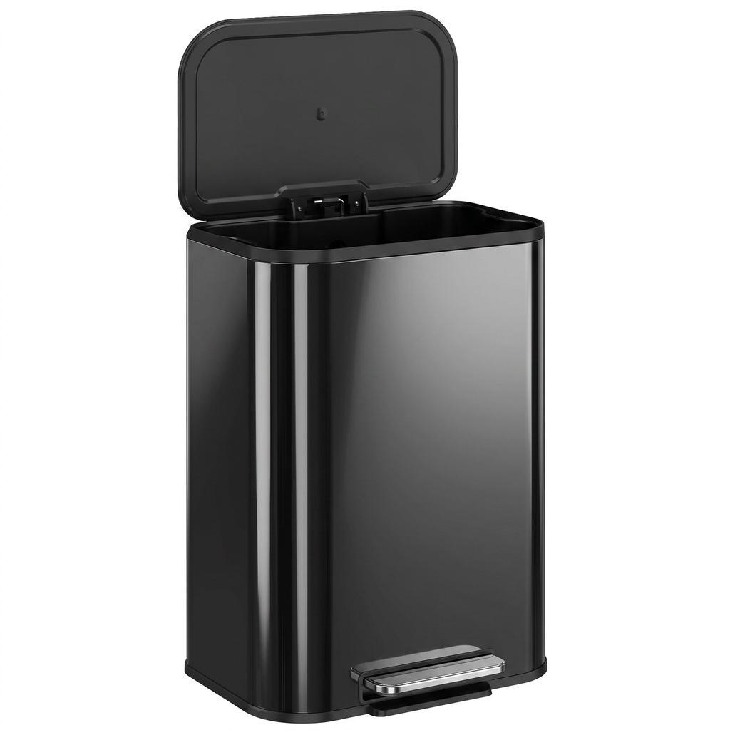 50L Kitchen Bin, Metal Pedal Rubbish Bin with Soft Close and Stay-Open Lid, Removable Inner Bucket, High Gloss Black