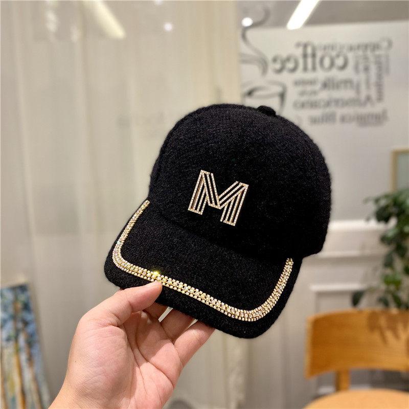 Hat Autumn and Winter, Suitable for Round Face Plush Rhinestone Baseball Cap Ins Trendy Brand Face Small Versatile Cap
