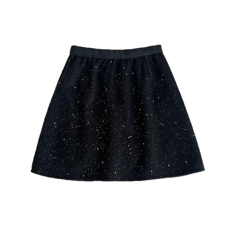 Winter Sparkling Starry High-Waisted Wool Blend Skirt with Silver Flakes