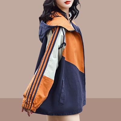 Trendy Women Hooded Windbreaker Spring Autumn Fashion Loose Fit Color Block Coat Casual Jacket
